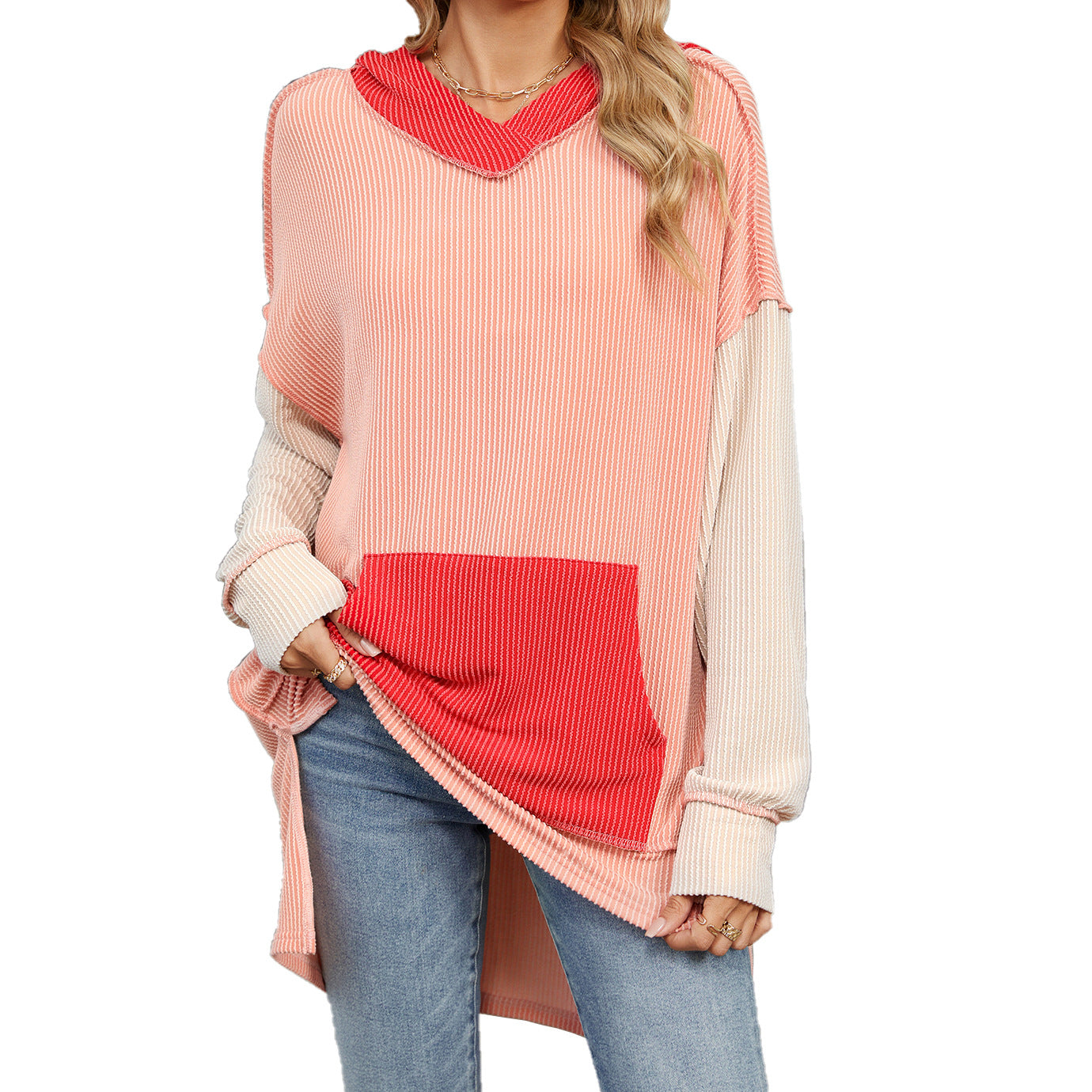 Women's Color Pocket Long Sleeve Loose Hooded Women's Sweater, Sweater