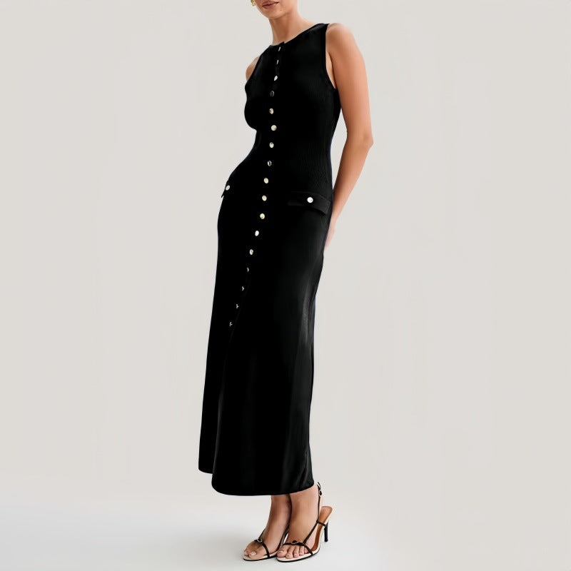 Neck Sleeveless Single-breasted High Waist Slim Dresses