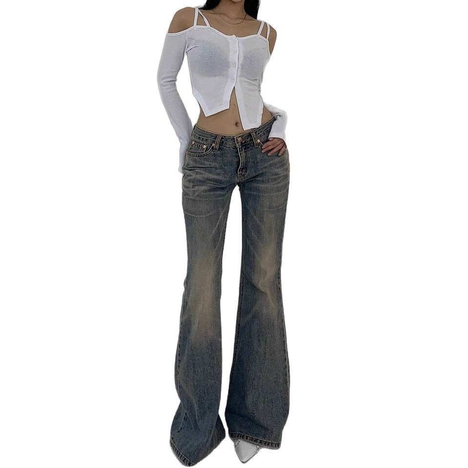 Women's Retro Worn Looking Washed-out Slimming Straight Low Women's Jeans