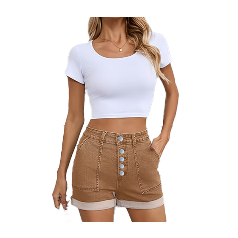 Women's High Waist Breasted Khaki Denim Hemmed Figure Flattering Wide Leg Shorts
