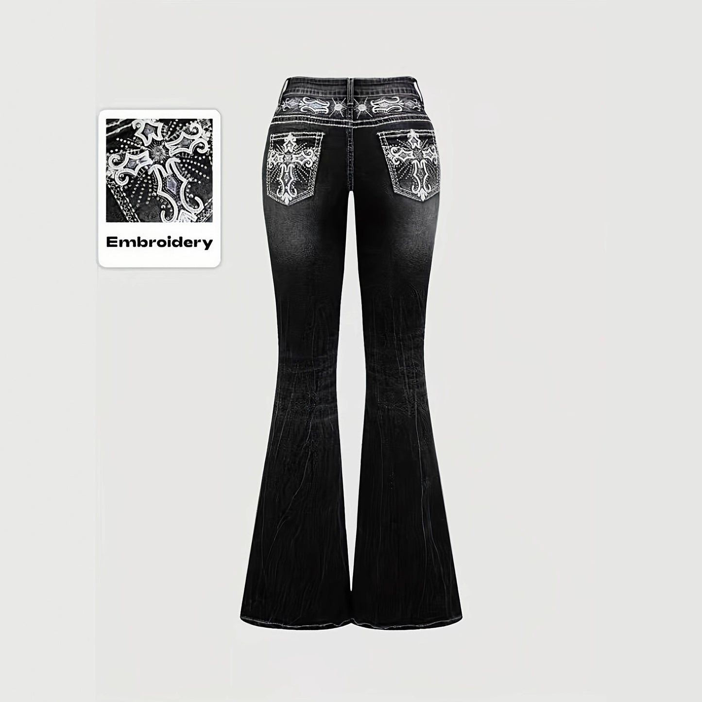Women's Color Water Scrubbing Pocket Embroidered Hot Fix Rhinestone Jeans