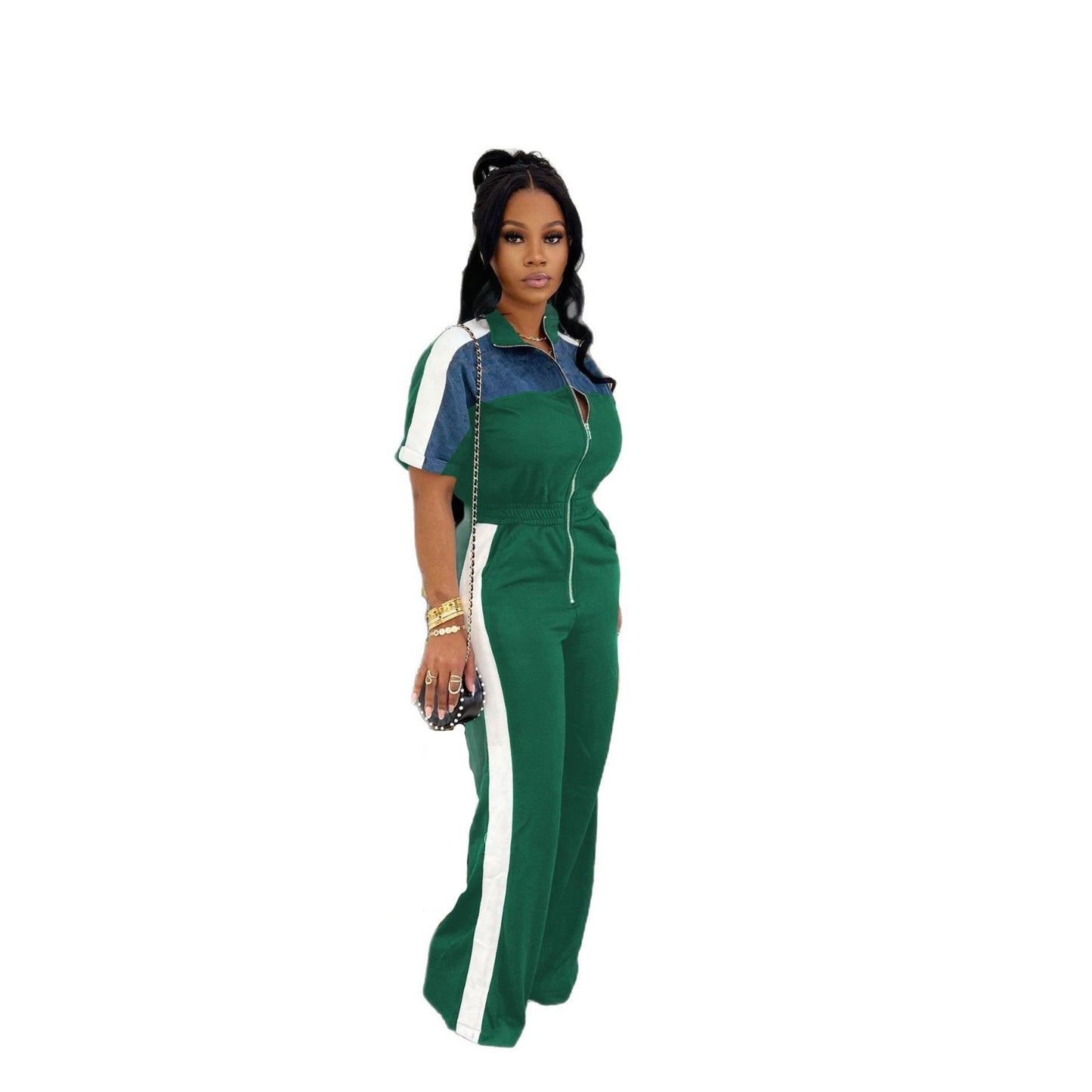 Women's Suede Fabric Denim Color Stitching Sleeve Jumpsuits