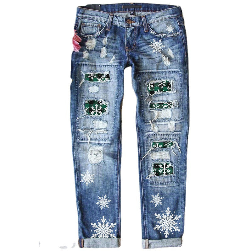 Women's Creative Winter Christmas Printed Ripped Jeans