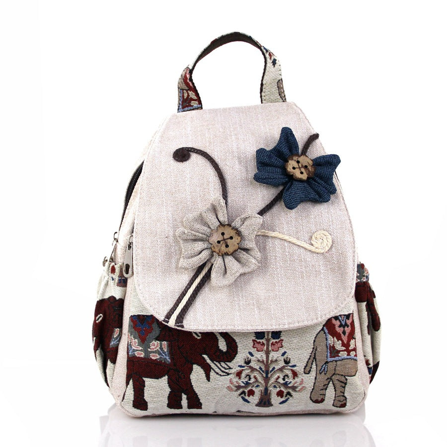 Women's Flower Woven Double Layer Zipper Cotton Backpacks