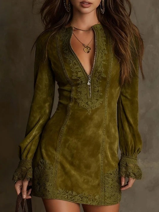 Women's Lace Patchwork Long Sleeve Loose Embroidered Dresses