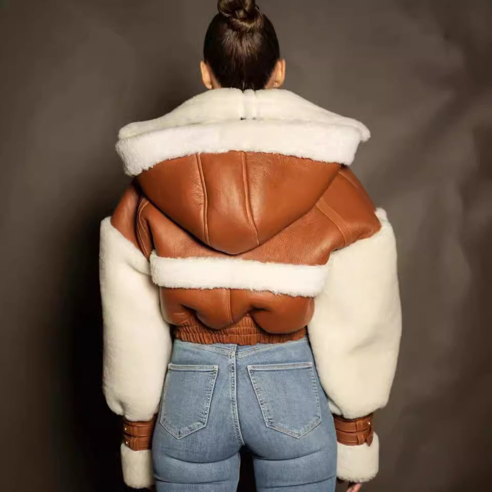 Women's One-piece Lamb Winter American Retro Patchwork Coats