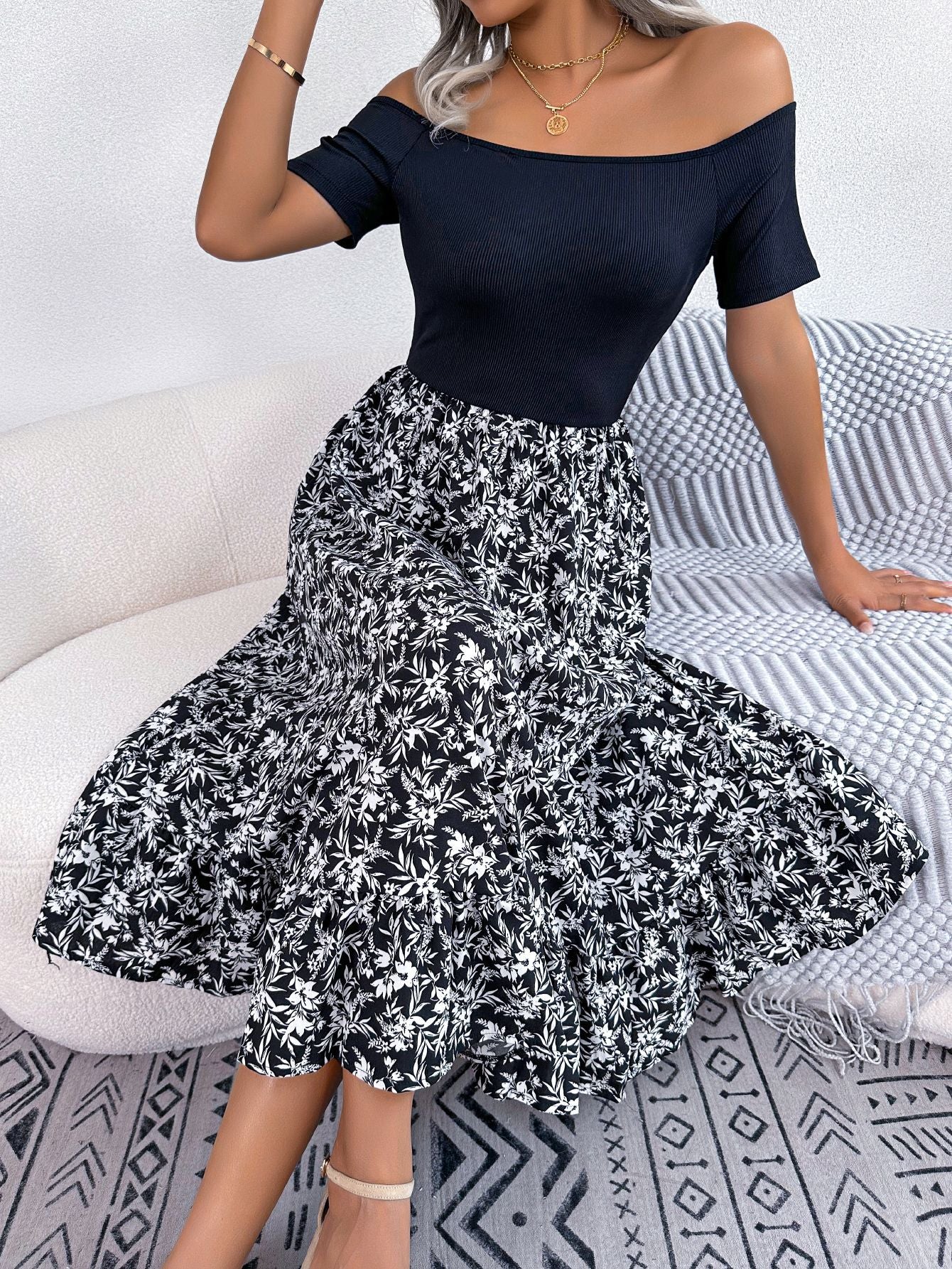 Durable Women's Casual Flower Ruffles Mid-length Dress