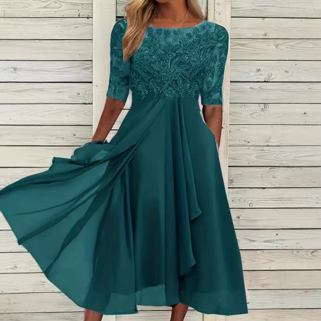 Women's Bridesmaid Dress Lace Mid Sleeve Chiffon Dresses