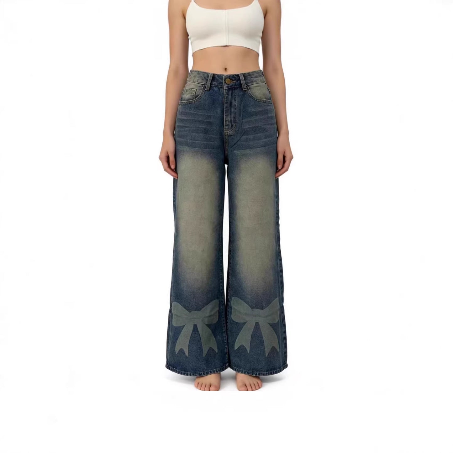 Women's Loose Casual Retro Wide Leg Bow Print Women's Jeans