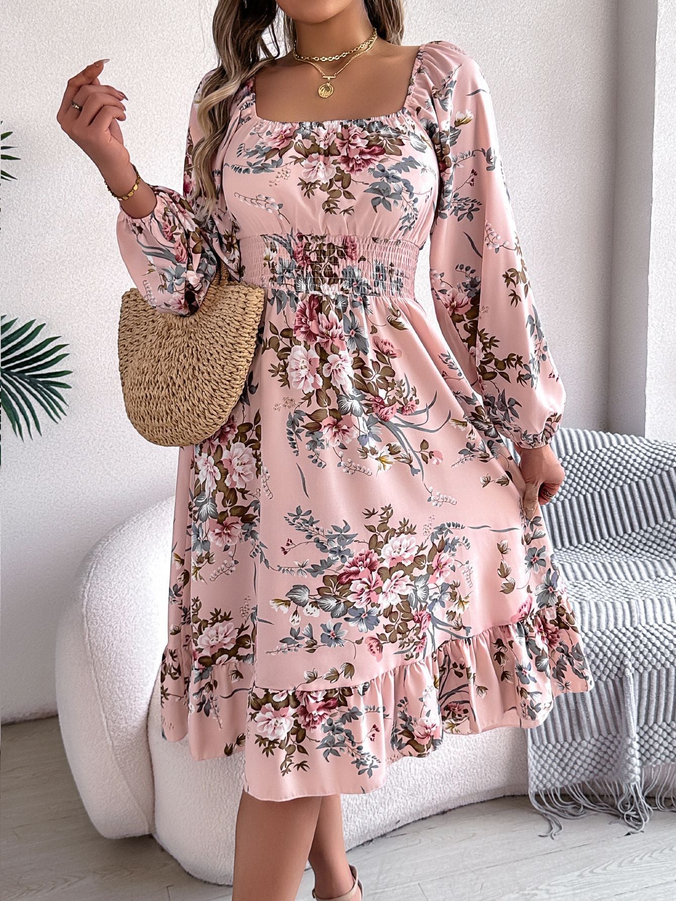 Women's Elegant Flowers Square Collar Long Sleeve Waist Clothing