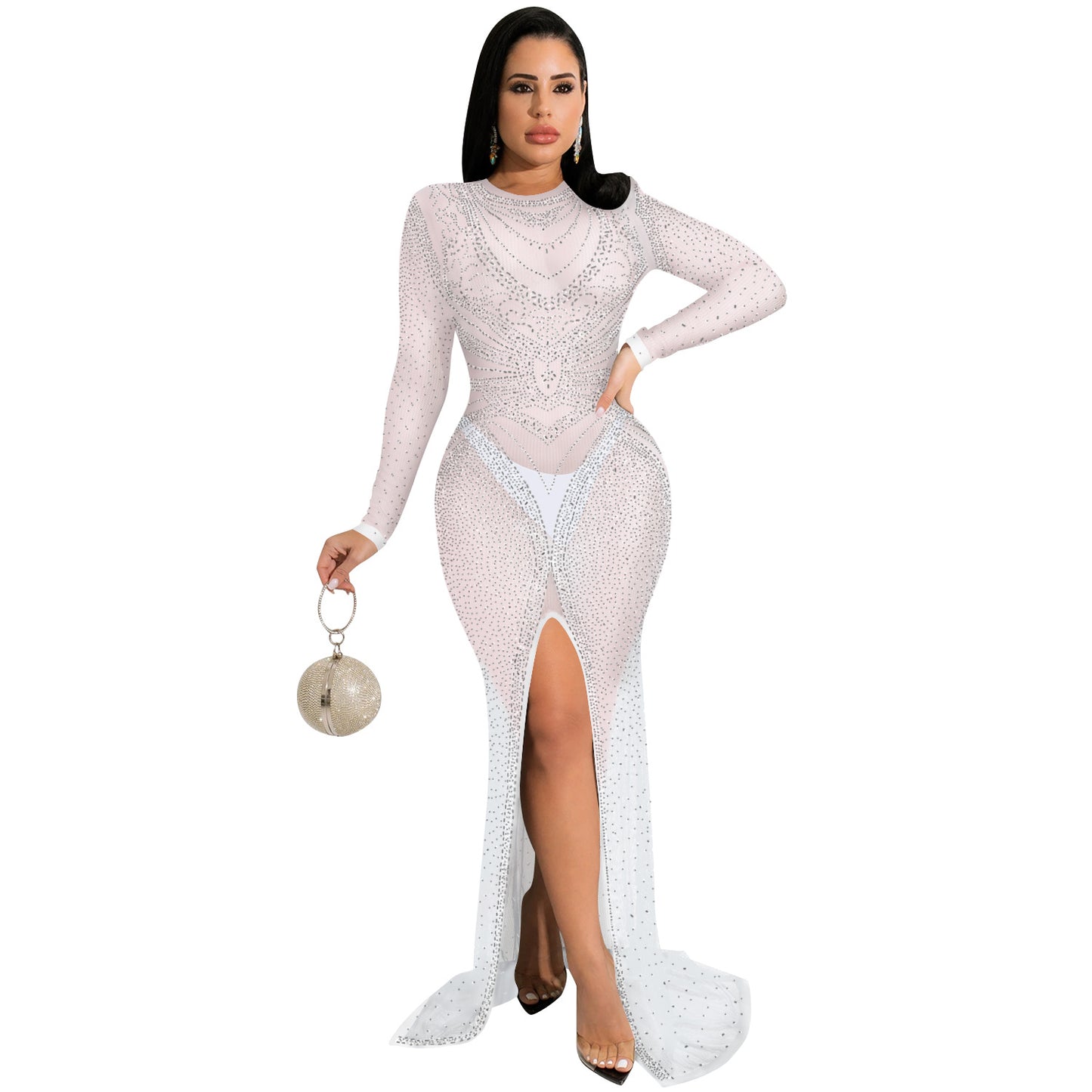 Women's Hot Drilling Mesh Long Sleeve Split Dresses
