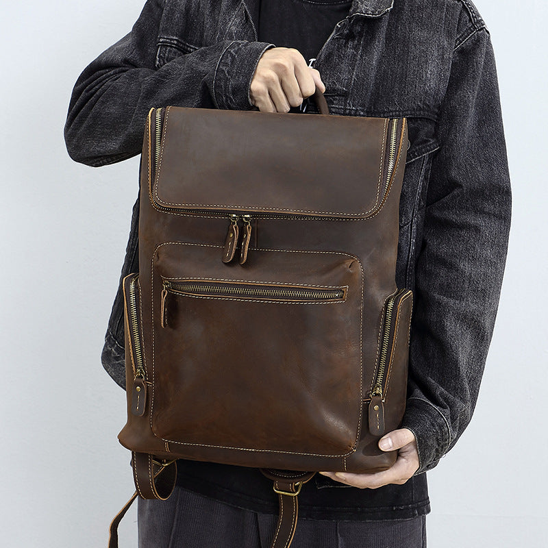 Men's Retro First Layer Cowhide Leather Computer Backpacks