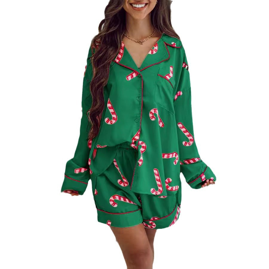 Women's Autumn Satin Christmas Candy Cane Pajamas Suits