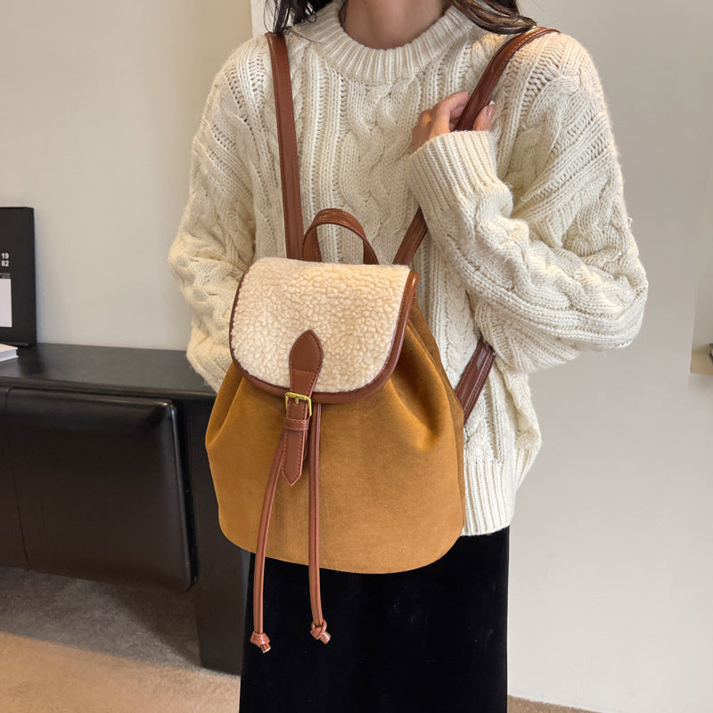 Women's Retro Brown High-grade Lamb Wool Versatile Backpacks