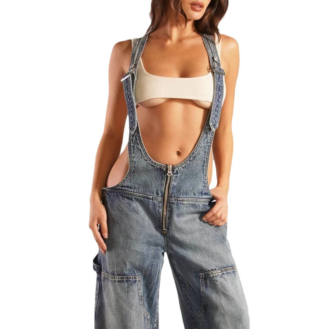 Women's Denim Suspender Autumn Loose Casual Pocket Wide Jeans