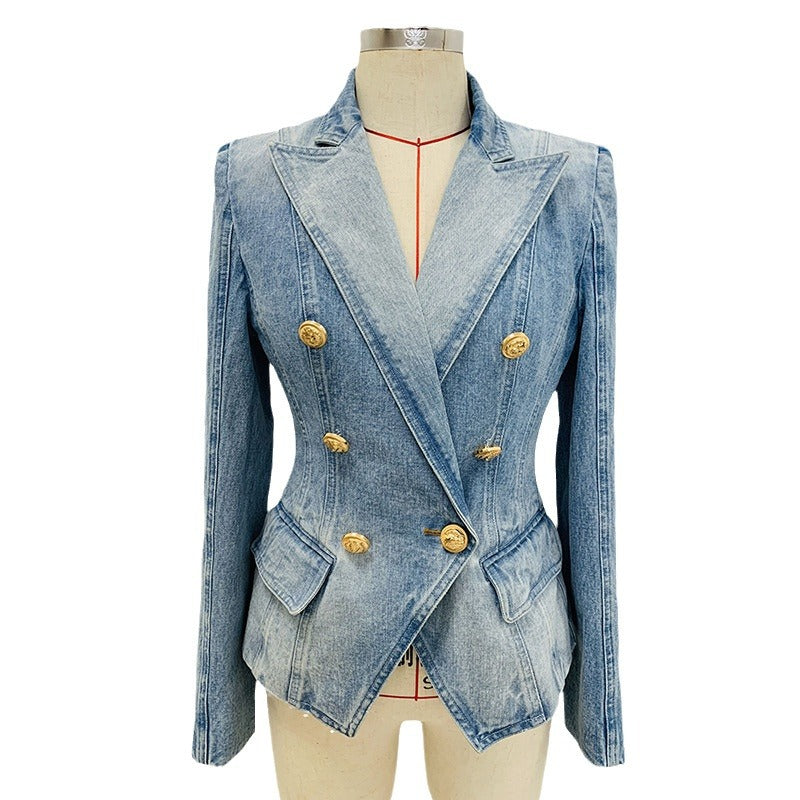 Versatile Slim Double-breasted Lion Button Denim Jackets