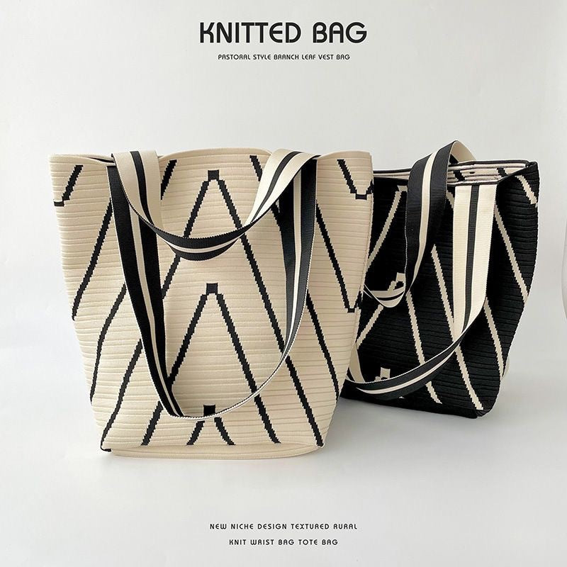 Women's Wave Pattern Large Capacity Totes Fine Woven Open Bucket Bags