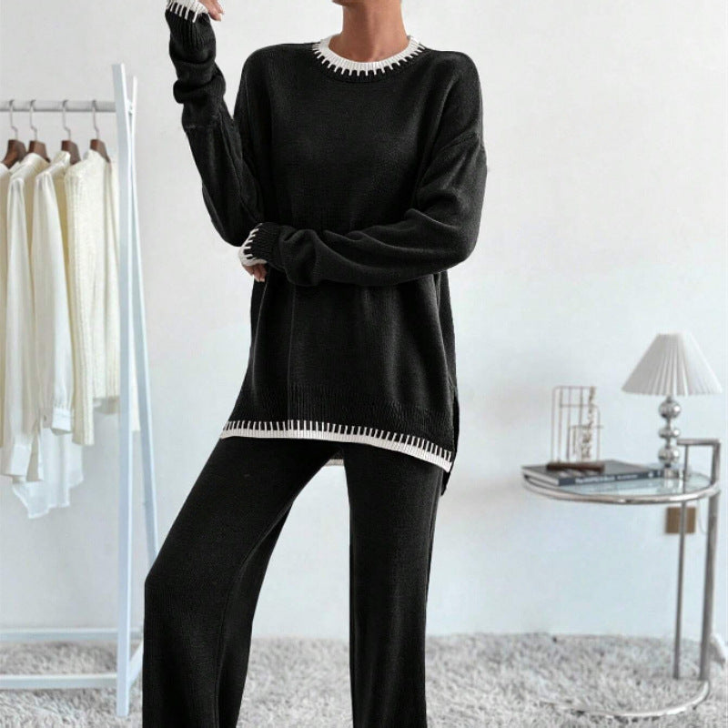 Women's Casual Contrast Color Knitted Trousers Two-piece Suits