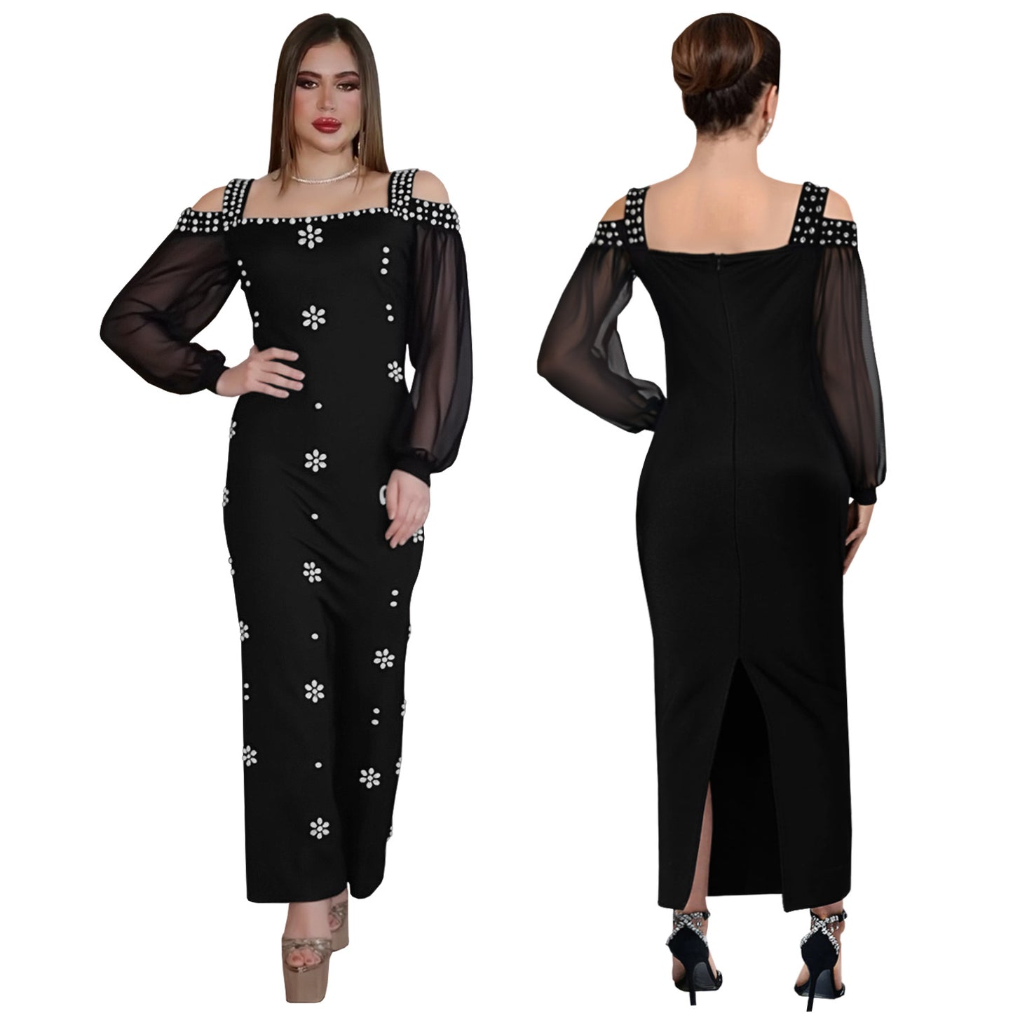 Women's Fashion Wear Elegant Rhinestone Square Collar Mesh Slim Dresses