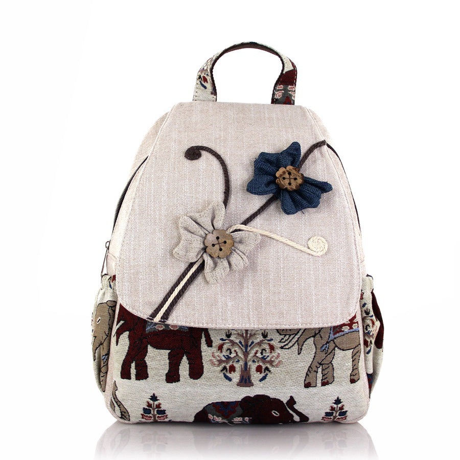 Women's Flower Woven Double Layer Zipper Cotton Backpacks