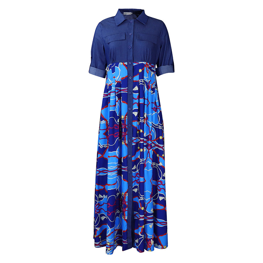 Women's Large Fashion Casual Denim Stitching Printing Dress