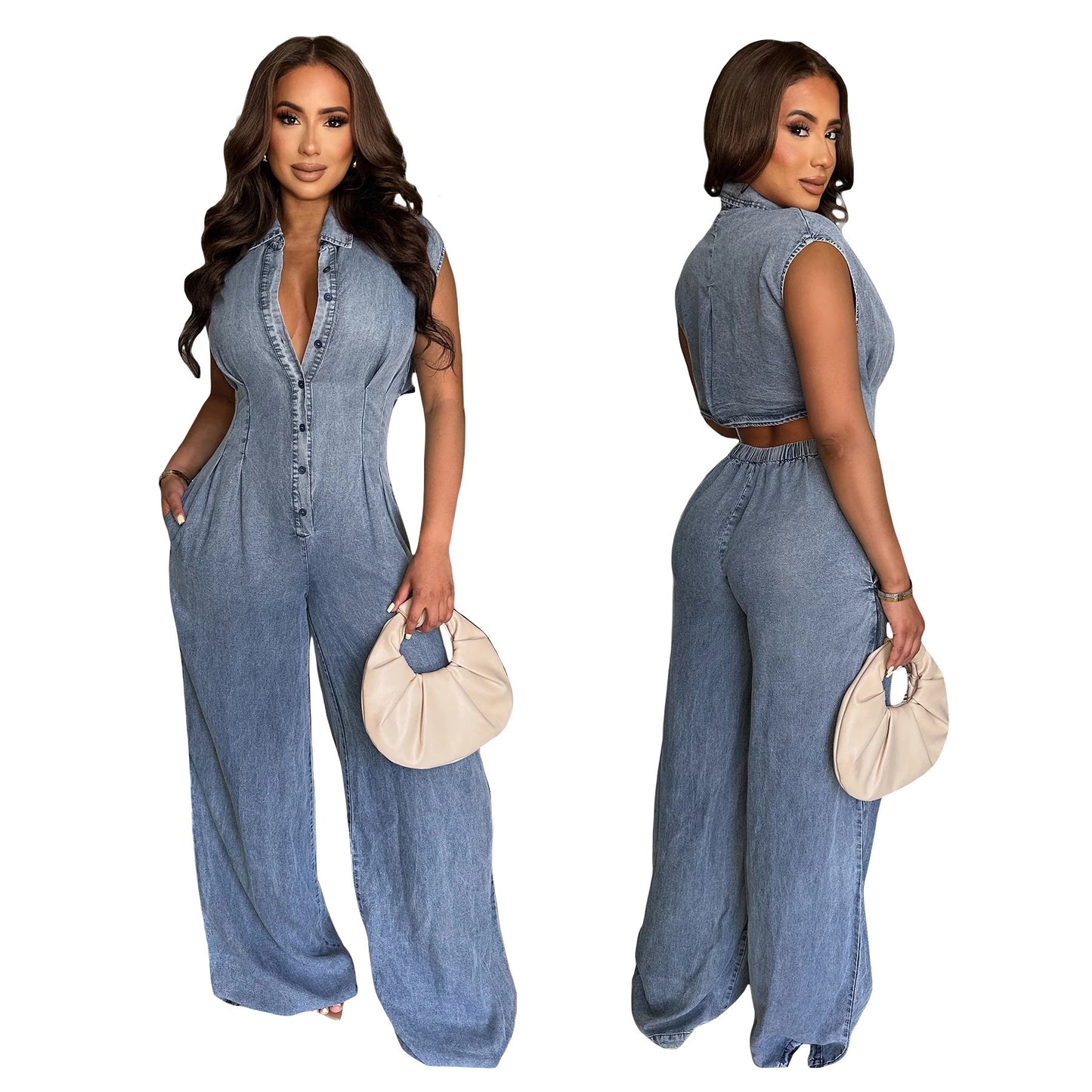 Waist Slim Elastic Washing Denim Straight Jumpsuits
