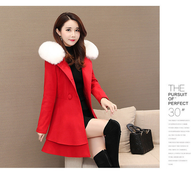 Women's Contrast Color Fur Collar Woolen Plaids Coats