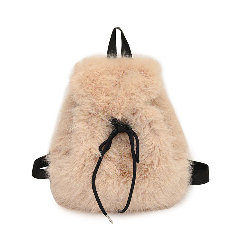 Women's Faux Fox Plush Fashion Drawstring Flip Backpacks