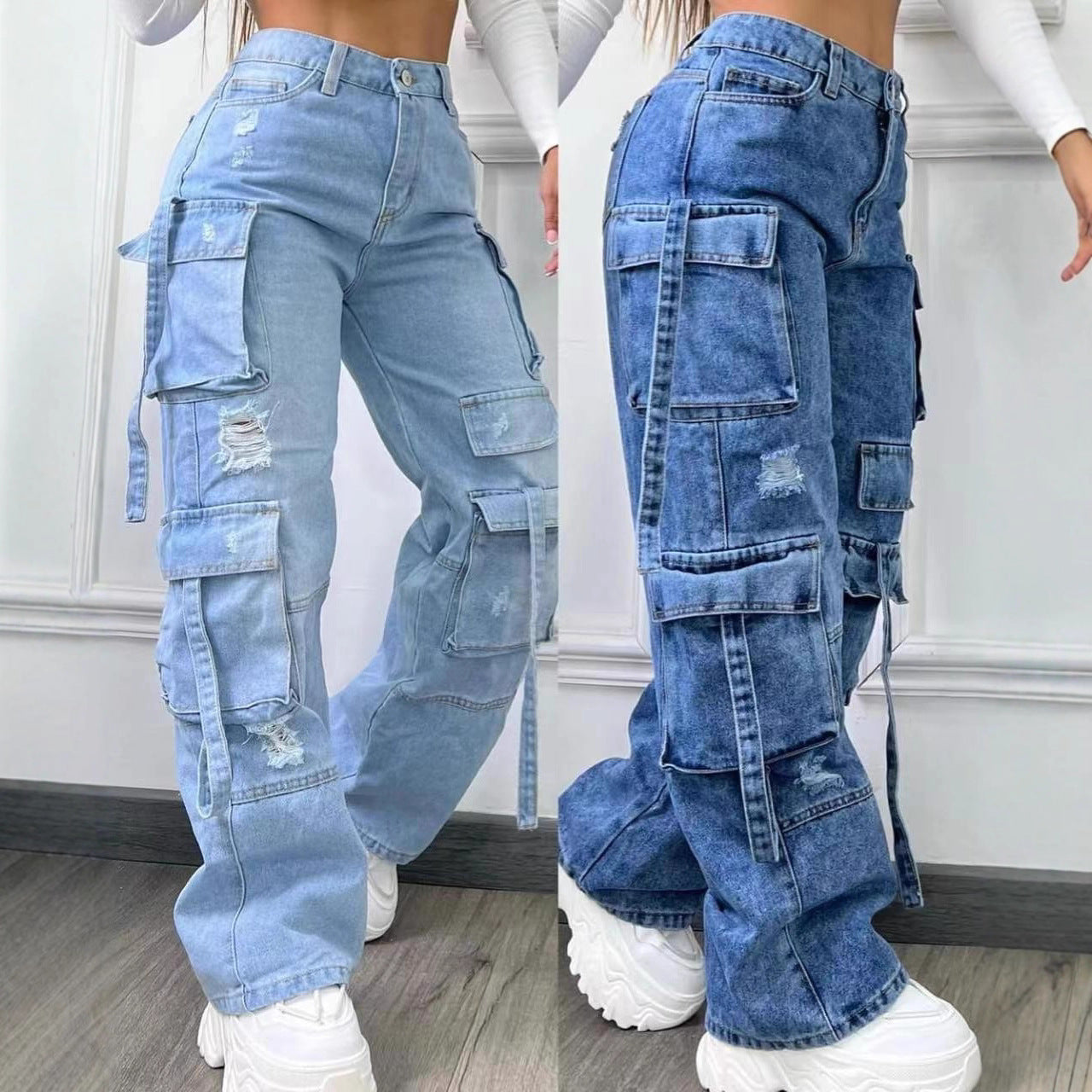 Women's Long Hot Trousers Straight Denim Overalls Style Pants