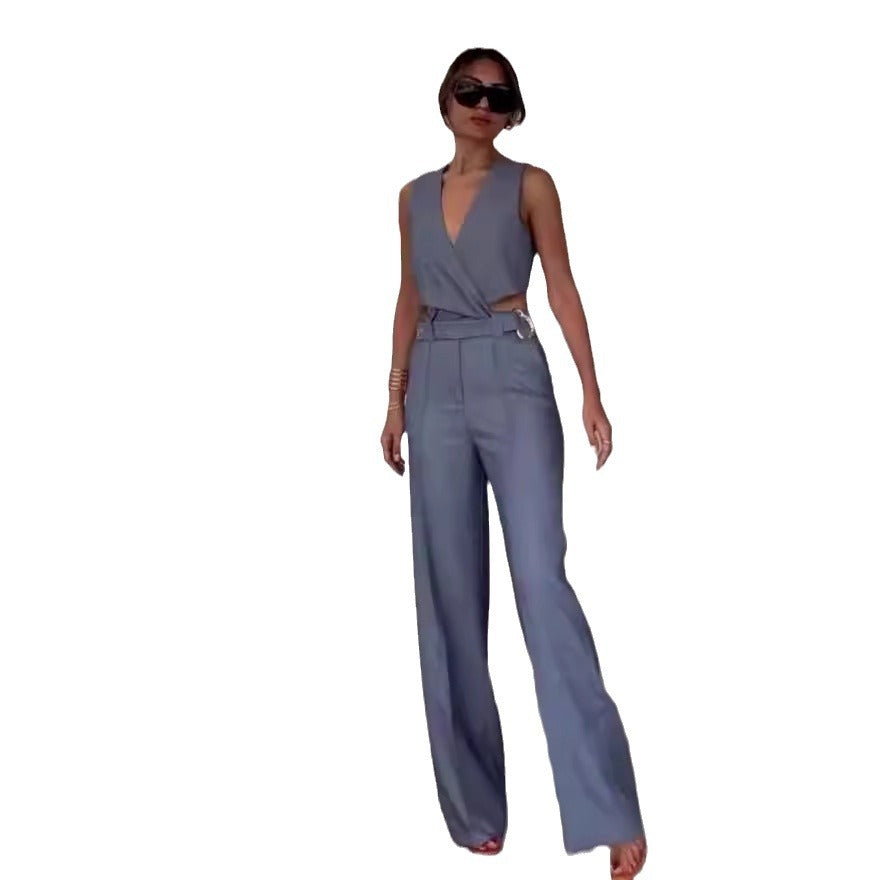 Slim Sleeveless High Waist Wide Leg Pants