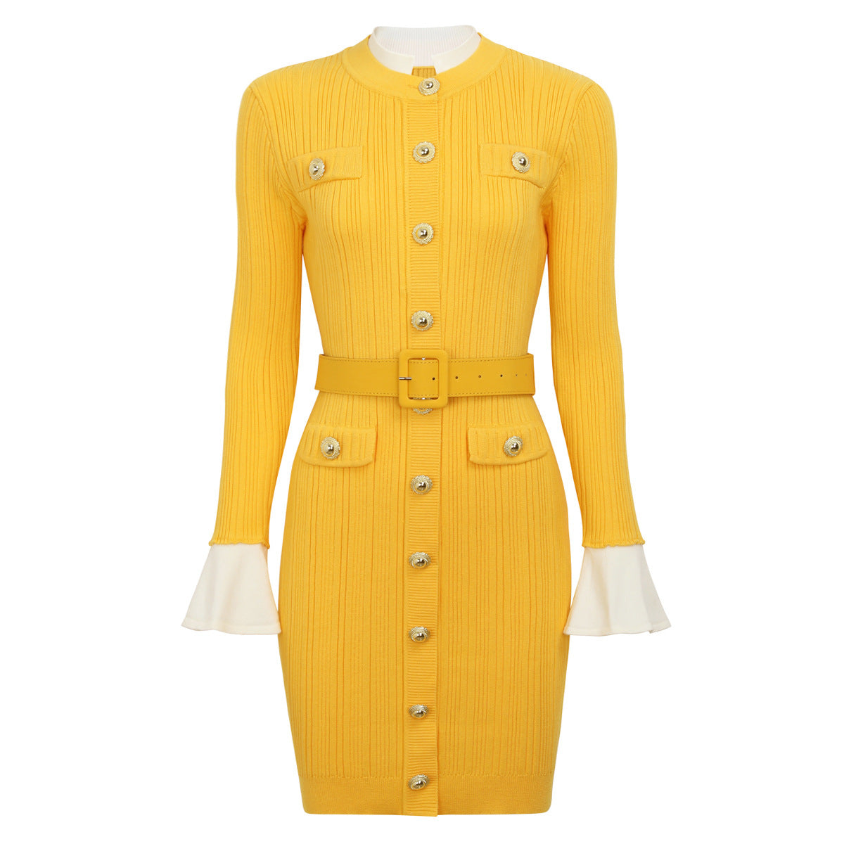 Long Sleeve Round Neck Belt Knitted Dresses
