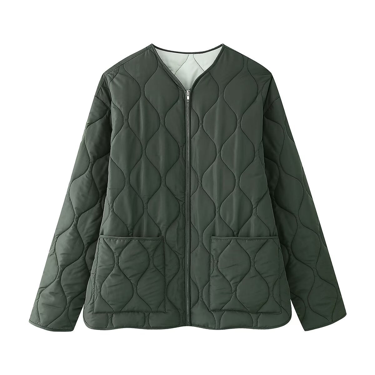 Women's Round Neck Zipper Large Pocket Coats
