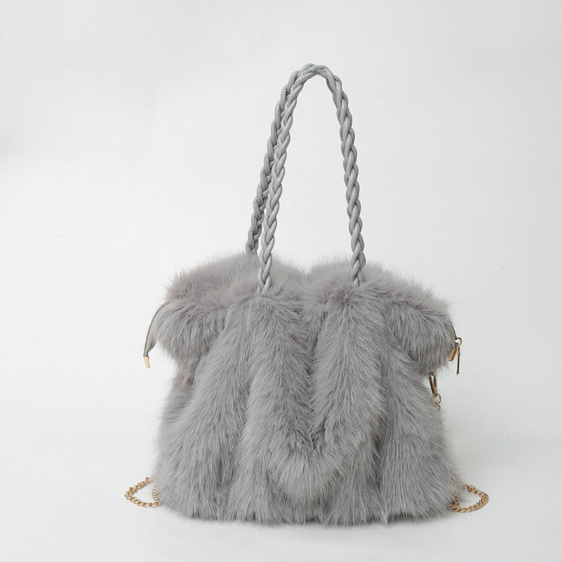 Women's Fashion Pleated Imitation Fox Fur Large Shoulder Bags