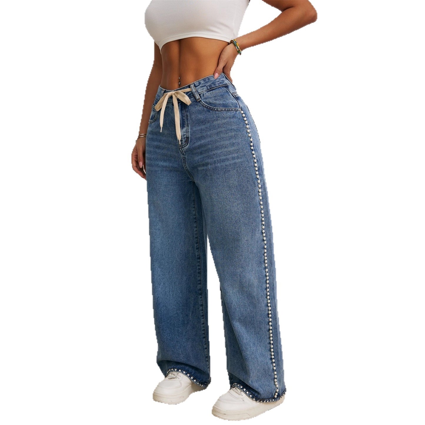 Women's Retro Wide Leg Washed Beaded Drawstring Jeans