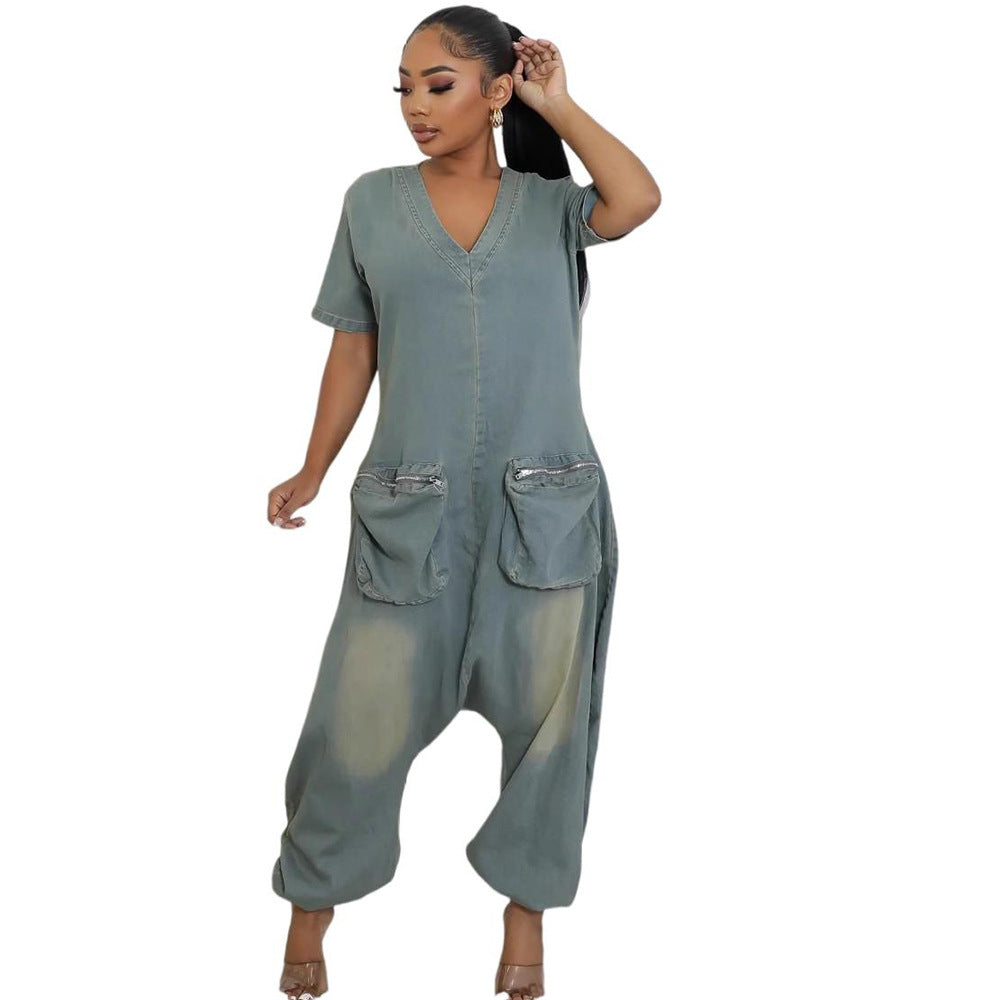 Women's Loose Fashion Personality Large Pocket Washed Jumpsuits