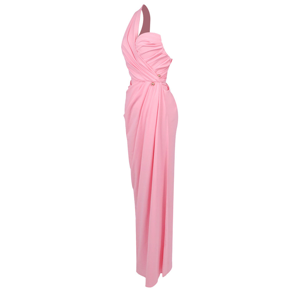 Women's Sexy Diagonal Collar Pleated Dinner Dress Dresses
