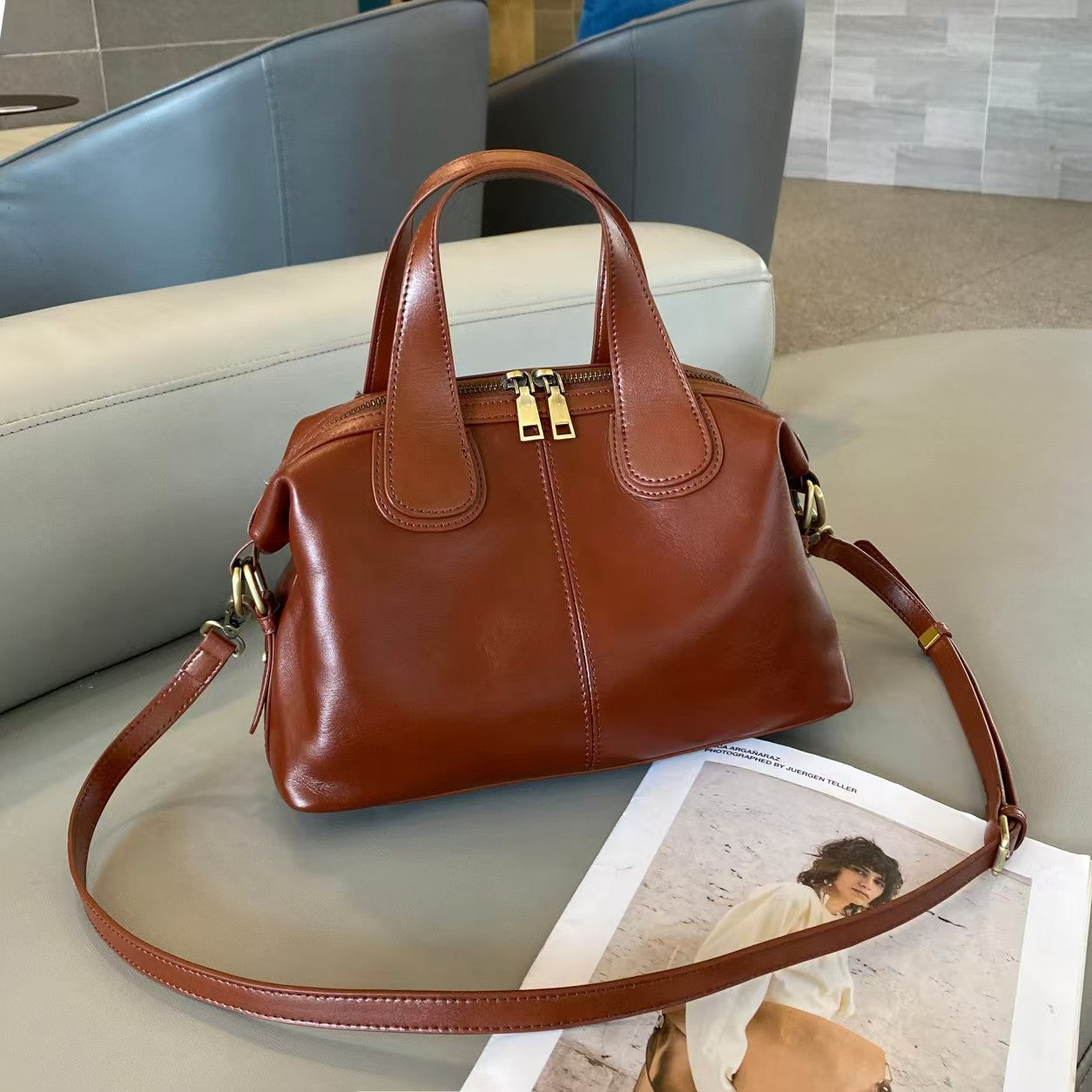 Women's Leather Cross First Layer Cowhide Boston Bags