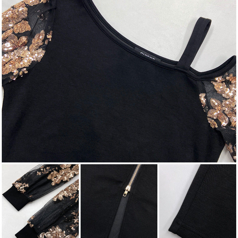 Summer Sequin Stitching Shoulder Long Sleeve Suits