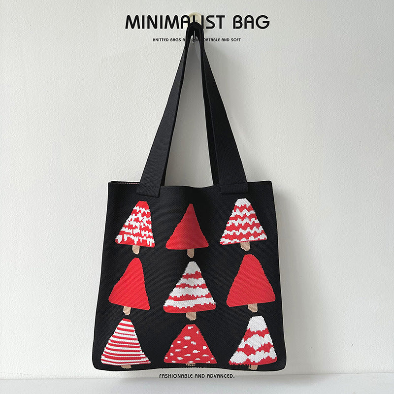 Women's Cartoon Christmas Tree Knitted Versatile Large Shoulder Bags