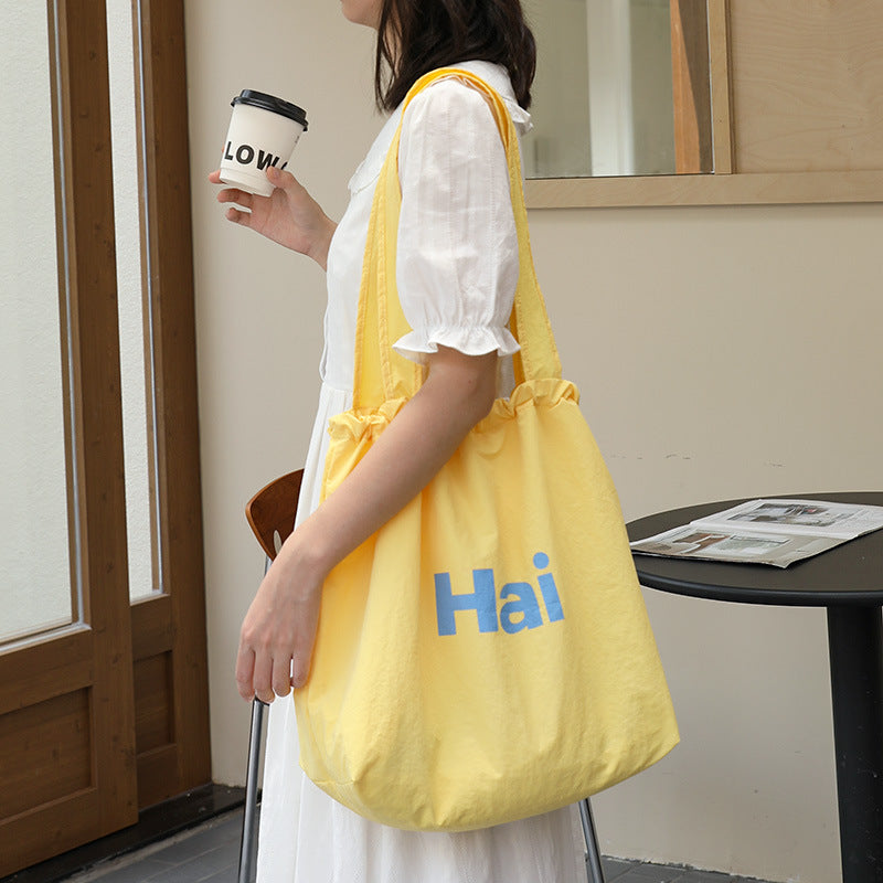 Women's Pleated Canvas Fashionable Letter Printed Drawstring Shoulder Bags