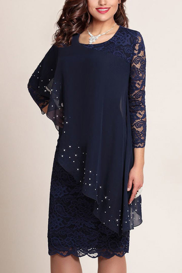 Solid Color Lace Stitching Elegant Cropped Sleeves Dresses