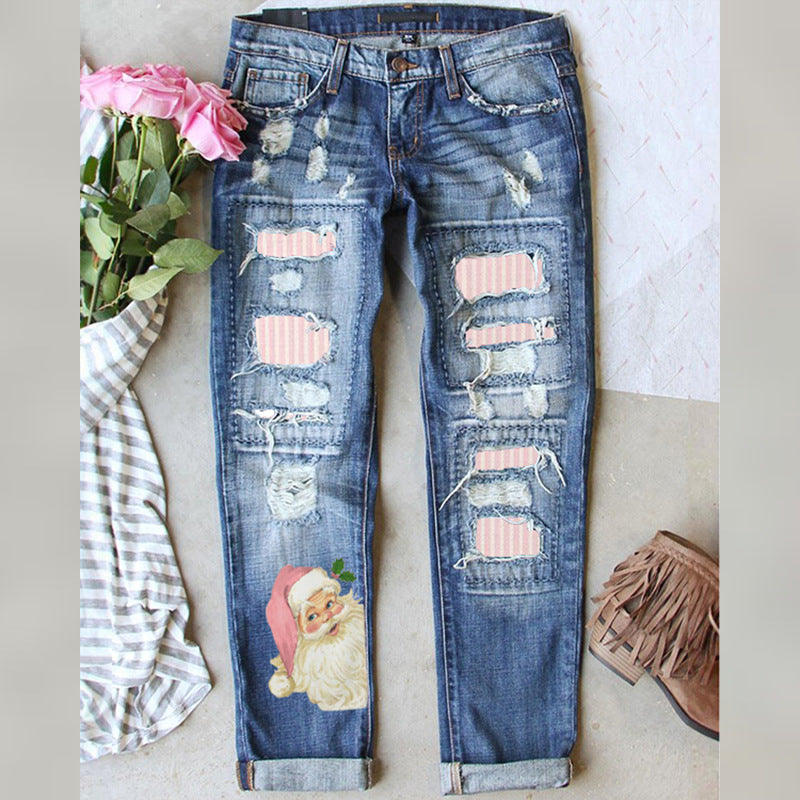 Women's Christmas Style Ripped Print Denim Trousers Jeans