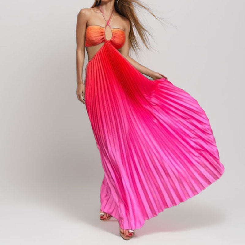 Women's Color Halter Pleated Fashion Long Beach Skirts