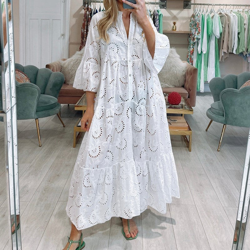 Women's Bell Sleeve Lace Solid Color Sexy Long Dresses
