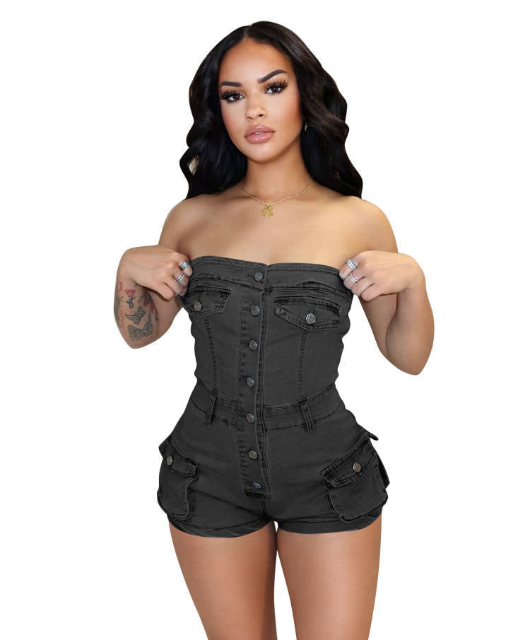 Casual Summer Denim Tube Stretch One-piece Jumpsuits