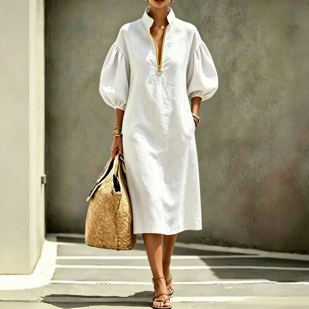 Women's Casual Loose Lapel Puff Sleeve Half Dress
