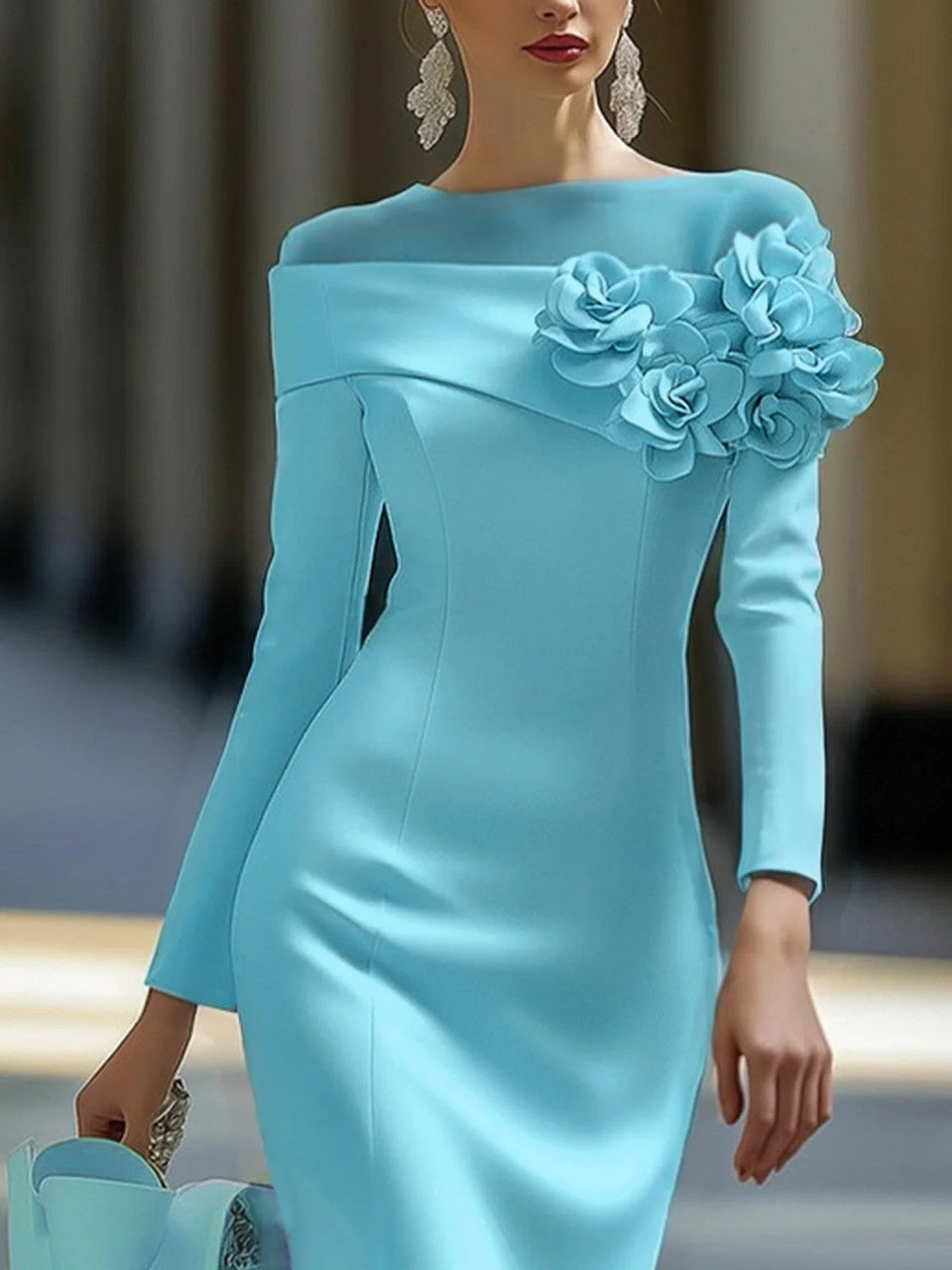 Women's Side Three-dimensional Flower Decoration Solid Color Dresses