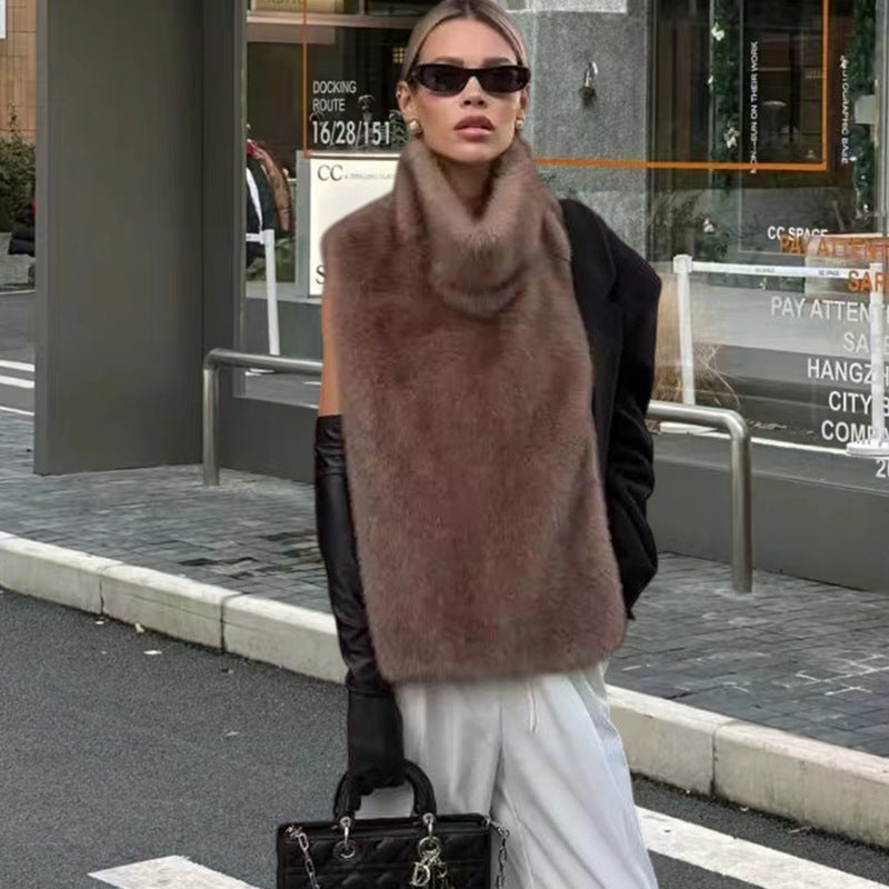 Women's Fashion High Collar Sleeveless Plush Imitation Coats