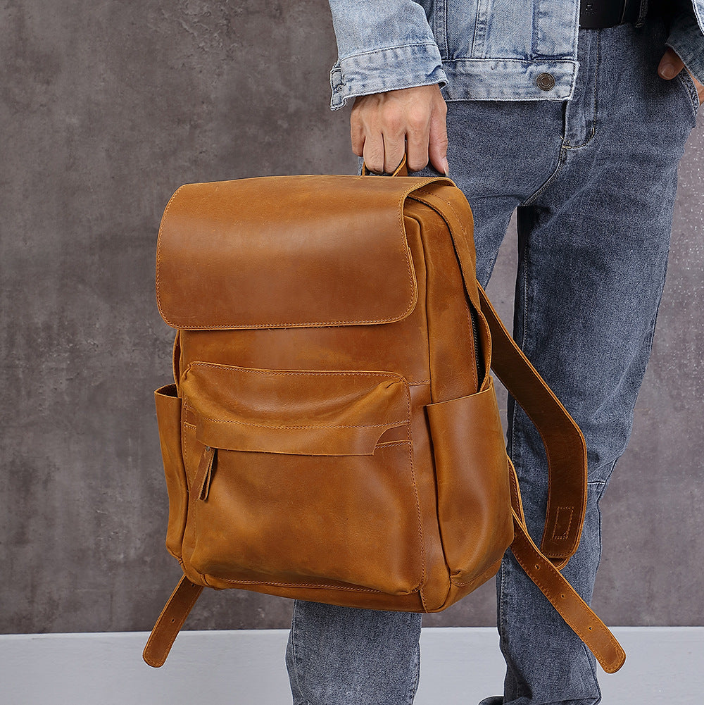 Men's Retro First Layer Cowhide Leather Computer Backpacks