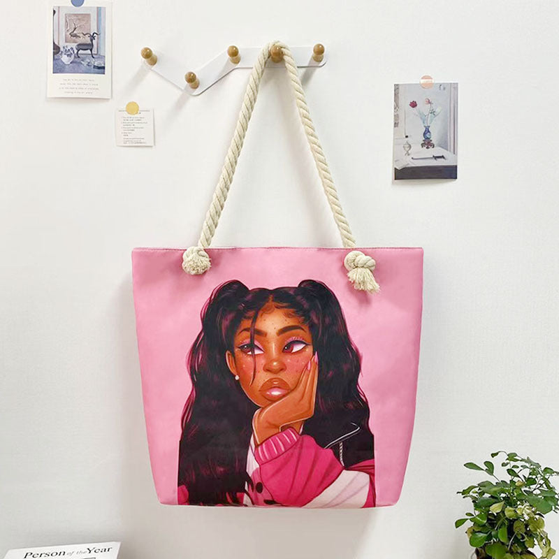 Women's Matching Portable Shopping Creative Woman Printing Thick Tote Bags